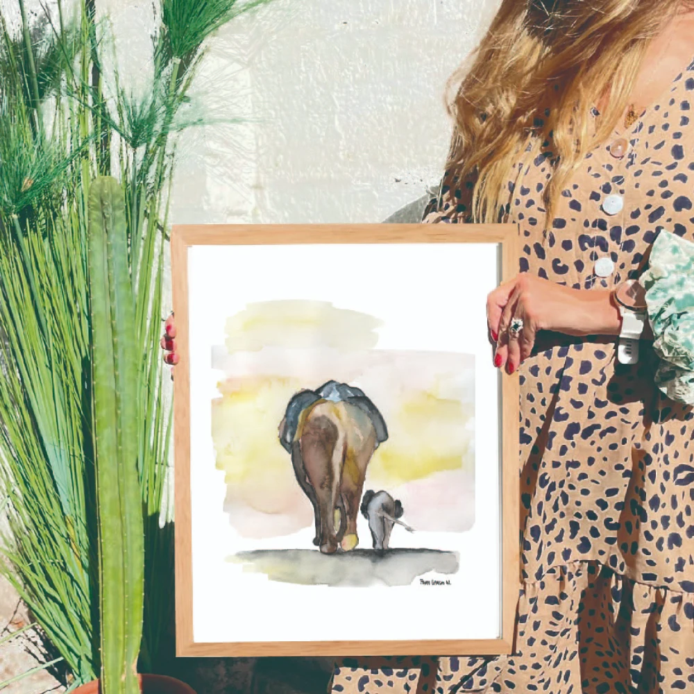 Cuadro Elefantes atardecer (acuarela) - Imagen 2
